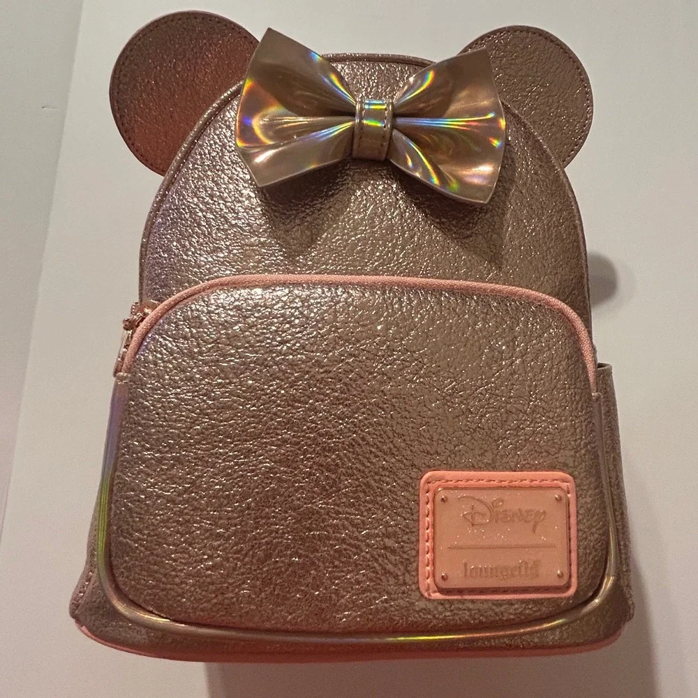Disney Loungefly Minnie Mouse Rose Gold Metallic Mini Backpack with Bow NEW
